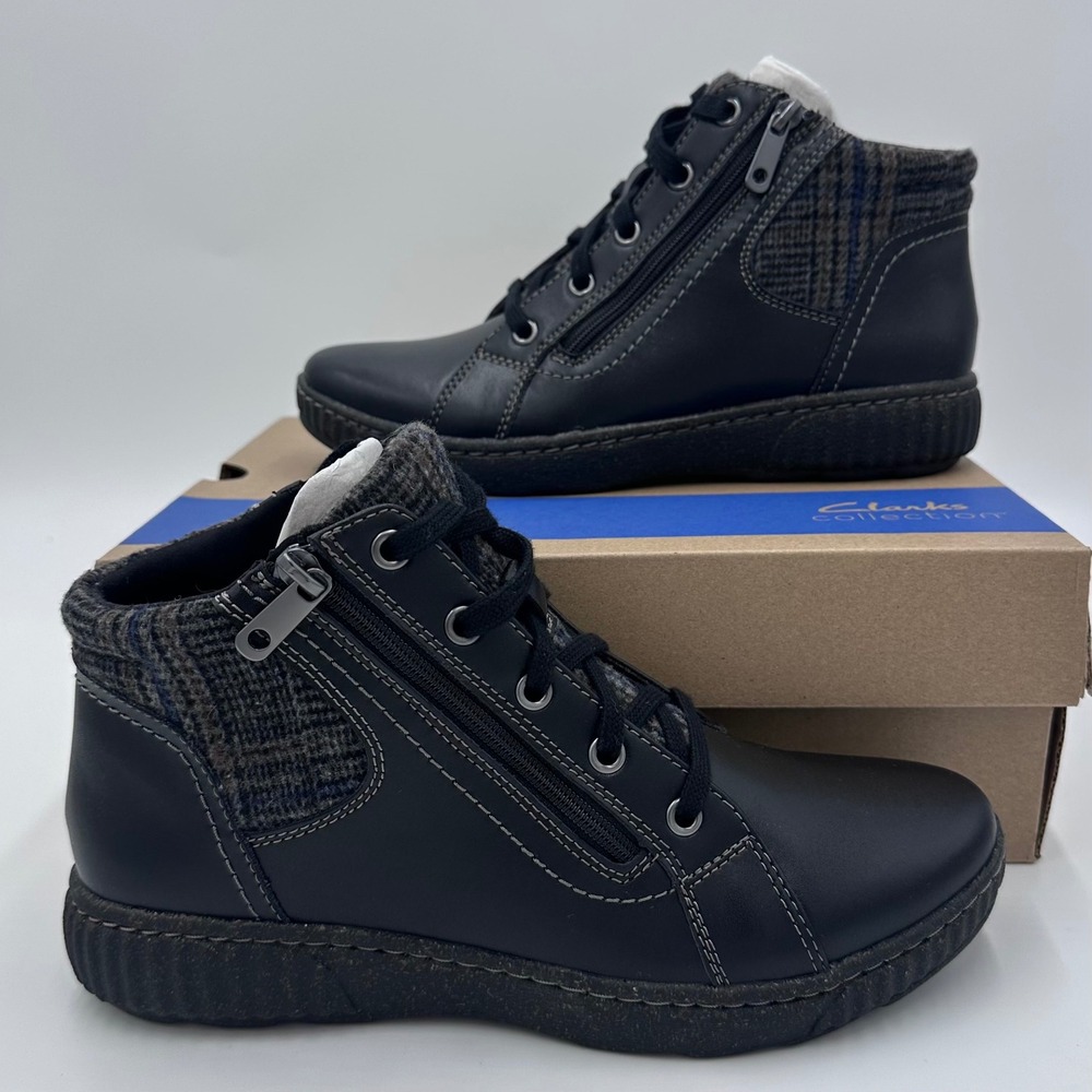 Clarks Ankle Boots Womens 8.5 Black Collection Plaid Trim Side Zip Lace Up